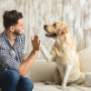 Happy guy sitting on a sofa and looking at dog