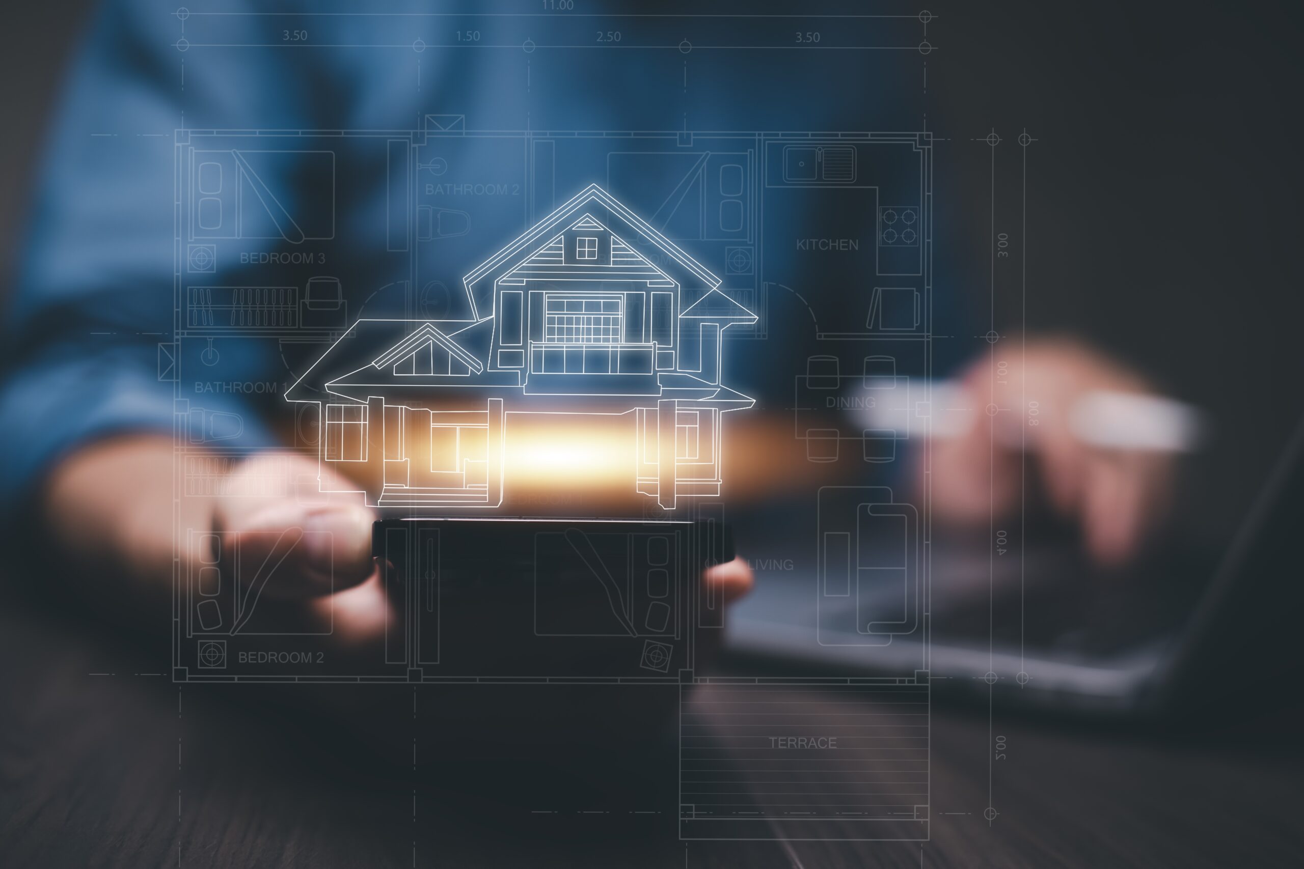 Hands holding a tablet with a glowing digital blueprint of a house overlayed, representing the integration of technology in modern real estate.