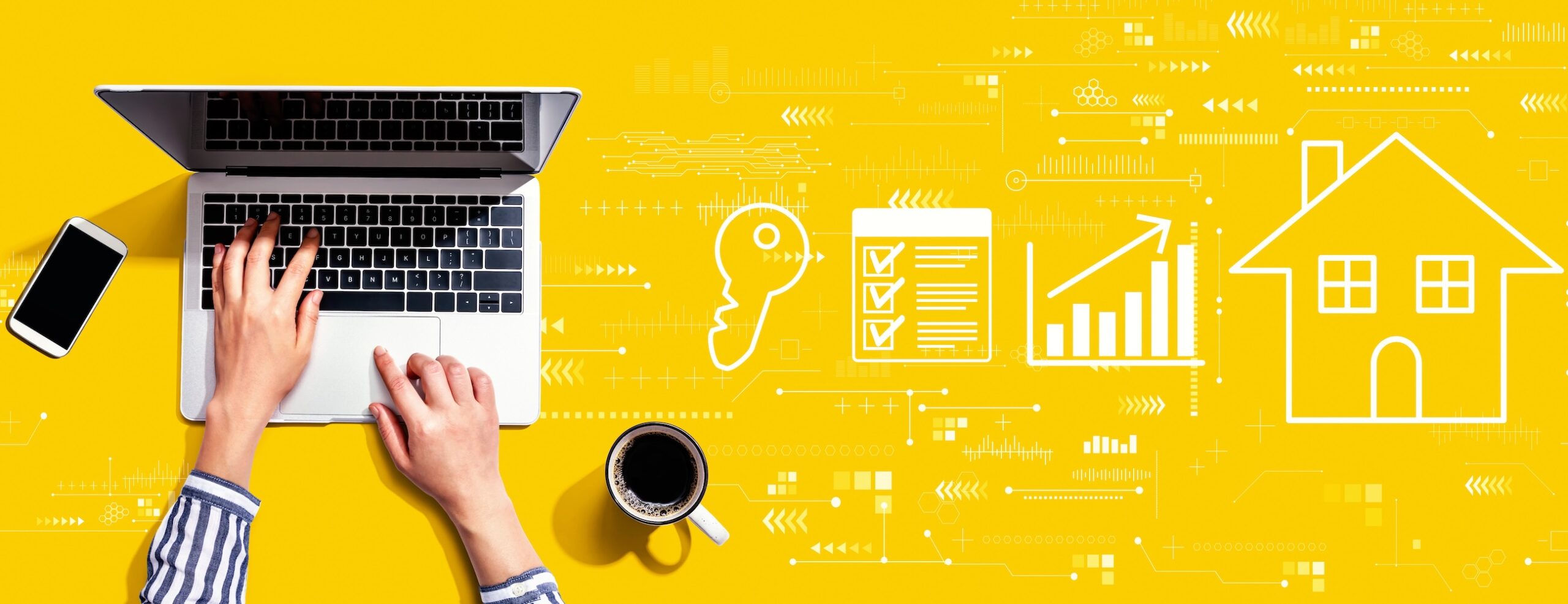 Illustration of a house, bar chart, and checklist on a yellow background with digital symbols and graphs, embodying the essence of real estate technology.